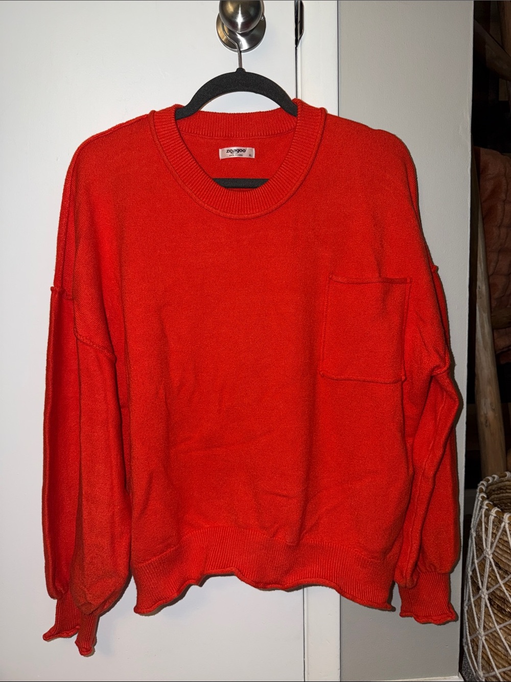 zeagoo Red Crewneck Sweater with Chest Pocket